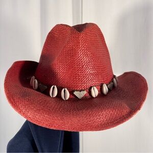 Vintage Roxy Straw Cowboy Hat Red w/ Shell Band